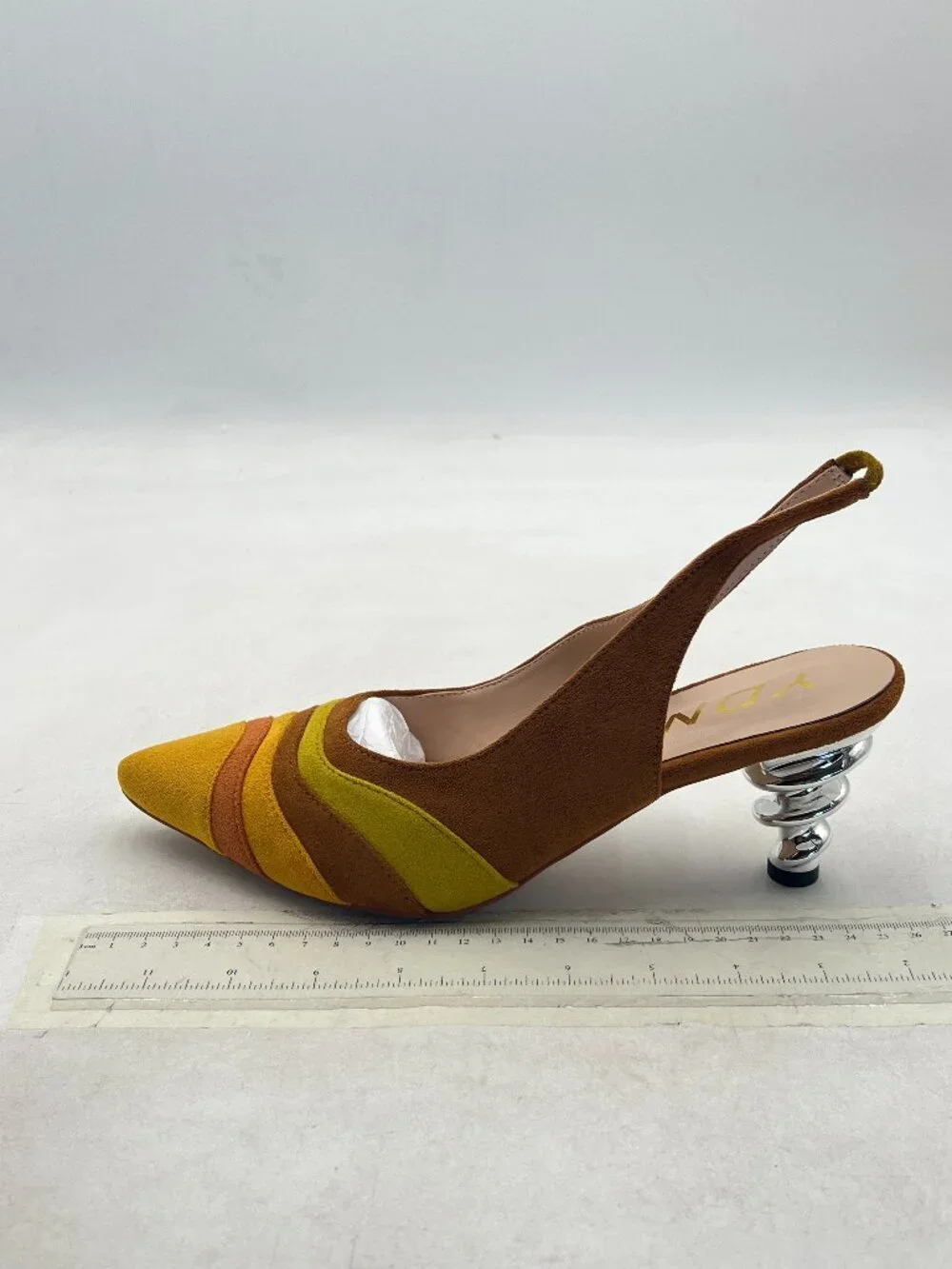 YDN Yellow Floral Metallic Spiral Heels Slip On Sandals Slingback Elastic Pumps